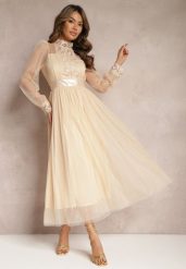 Beżowa Siateczkowa Sukienka Maxi o Rozkloszowanym Kroju z Ozdobną Koronką Narile. Brązowe sukienki damskie Renee, m, bez wzorów, z koronki, eleganckie, bez kołnierzyka, bez ramiączek, maxi, rozkloszowane. Za 179.99 zł.