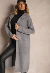 Szary Długi Kardigan Niezapinany z Bawełną Wełną Kapturem i Wsuwanymi Kieszeniami Zozira. Szare kardigany damskie Renee, uniwersalny, bez wzorów, z bawełny, eleganckie, bez kołnierzyka, bez ramiączek, długie. Za 99.99 zł.