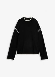 Sweter z golfem z mieszanki bawełny. Czarne swetry damskie bonprix, bez wzorów, z bawełny, bez kołnierzyka, bez ramiączek, bez kaptura. Za 129.99 zł.
