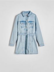 Jeansowa sukienka mini - niebieski. Niebieskie sukienki damskie Reserved, l, bez wzorów, z bawełny, bez kołnierzyka, bez ramiączek, mini, dopasowane. W wyprzedaży za 59.99 zł.