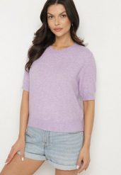 Fioletowy Sweter z Wełną i Krótkim Rękawem Turosa. Fioletowe swetry damskie Born2be, bez wzorów, z jeansu, eleganckie, bez kołnierzyka, bez ramiączek, krótkie, bez kaptura. Za 109.99 zł.