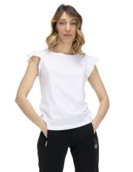 T-shirt damski z falbaną w kolorach ziemi. Białe t-shirty damskie LEONE 1947 APPAREL, l, bez wzorów, z bawełny, eleganckie, bez kołnierzyka. Za 42.06 zł.