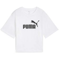 Damska luźna koszulka z logo NO.1 ESS Cropped PUMA. Białe koszulki sportowe damskie Puma, bez wzorów, z jeansu, bez kołnierzyka. Za 99.00 zł.