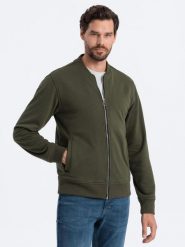 Bawełniana rozpinana bluza męska dresowa bomberka – khaki V1 OM-SSZP-0215 - XXL. Brązowe bluzy męskie Ombre Clothing, l, z aplikacjami, z bawełny, bez kaptura. Za 119.99 zł.
