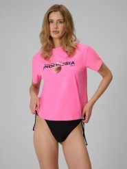 4F T-shirt loose z nadrukiem damski - różowy XS. Czerwone t-shirty damskie 4f, xs, bez wzorów, z bawełny, bez kołnierzyka. Za 69.99 zł.