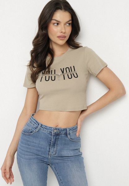 Ciemnobeżowy Bawełniany T-shirt z Napisem i Łańcuchem Olimelia. Brązowe bluzki damskie Born2be, m, bez wzorów, z bawełny, bez kołnierzyka, bez ramiączek. Za 39.99 zł.