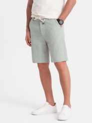 Spodenki męskie szorty dzianinowe z lnu i bawełny - jasnozielone V2. Zielone szorty męskie Ombre Clothing, na lato, m, bez wzorów, z bawełny, klasyczne. W wyprzedaży za 79.99 zł.
