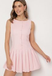 Różowa Sukienka z Plisowanym Dołem Tunelia. Czerwone sukienki damskie Born2be, na co dzień, m, bez wzorów, eleganckie, bez kołnierzyka, bez ramiączek, mini, plisowane. Za 99.99 zł.