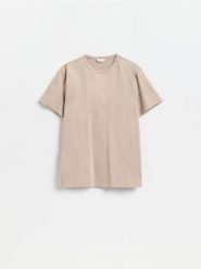 T-shirt regular z bawełny merceryzowanej - beżowy. Brązowe t-shirty męskie Reserved, l, bez wzorów, z bawełny, bez kołnierzyka. Za 99.99 zł.