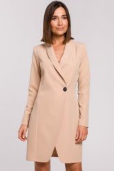 Elegancka sukienka marynarka biznesowa z kołnierzem do pracy beżowa. Brązowe sukienki damskie Sukienki.shop, s, bez wzorów, biznesowe. Za 309.00 zł.