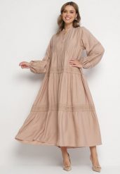 Ciemnobeżowa Rozkloszowana Sukienka z Wiskozy z Koronkowymi Wstawkami Nalanieth. Brązowe sukienki damskie Born2be, na co dzień, l, bez wzorów, z koronki, eleganckie, bez kołnierzyka, bez ramiączek, maxi, kopertowe. Za 159.99 zł.