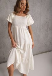 Jasnobeżowa Sukienka z Wiskozy o Rozkloszowanym Kroju z Bufiastymi Rękawkami Rosena. Brązowe sukienki dla dziewczynek Renee, bez wzorów, z tkaniny, bez ramiączek. Za 89.99 zł.