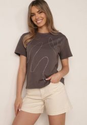 Ciemnoszary Bawełniany T-shirt Ozdobiony Cyrkoniami Monomene. Szare bluzki damskie Born2be, m, z aplikacjami, z bawełny, casualowe, bez kołnierzyka, bez ramiączek. Za 59.99 zł.