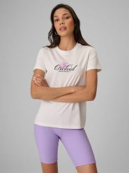 4F T-shirt regular z nadrukiem damski - biały S. Białe t-shirty damskie 4f, s, bez wzorów, z bawełny, wakacyjne, bez kołnierzyka. W wyprzedaży za 39.99 zł.