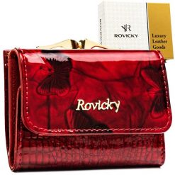 Mały, czerwony portfel damski ze skóry naturalnej z systemem RFID - Rovicky. Czerwone portfele damskie bez wzorów, ze skóry. Za 52.00 zł.