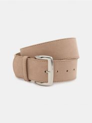 Pasek z imitacji zamszu ze srebrną klamrą - beżowy. Brązowe paski damskie Sinsay, bez wzorów. Za 29.99 zł.