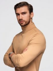 Męski longsleeve gładki z golfem - jasnobrązowy V5 - Rozmiar: XL. Brązowe bluzki z długim rękawem męskie Ombre Clothing, na zimę, m, bez wzorów, z bawełny, eleganckie, bez kołnierzyka. Za 149.99 zł.