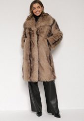Brązowy Płaszcz Futro z Szerokim Kołnierzem i Kieszeniami Ezinda. Brązowe płaszcze damskie Born2be, l, bez wzorów, z futra, biznesowe, bez kaptura. Za 339.99 zł.