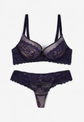 Granatowy Koronkowy Komplet Bielizny Biustonosz Usztywniony Push Up i Stringi Jasminesa. Niebieskie stringi damskie Renee, z aplikacjami, z koronki. Za 44.99 zł.