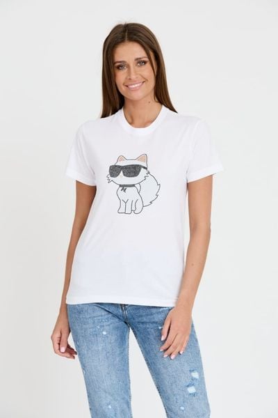 KARL LAGERFELD Biały damski t-shirt Ikonik 2.0, Rozmiar XS. Białe t-shirty damskie KARL LAGERFELD, xs, bez wzorów, bez kołnierzyka. W wyprzedaży za 208.99 zł.
