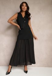 Czarny Dzianinowy Komplet z Wiskozą Elegancka Kamizelka i Spódnica Zelvila. Czarne spódnice damskie Renee, bez wzorów, z dzianiny, eleganckie, dopasowane. Za 219.99 zł.