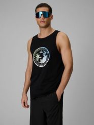 4F Koszulka bez rękawów regular z nadrukiem męska - czarna S. Czarne t-shirty męskie 4f, na lato, m, bez wzorów, z bawełny, klasyczne, bez kołnierzyka. Za 59.99 zł.