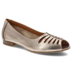 Baleriny damskie Maciejka, cholewka skóra naturalna metaliczny połysk ażurowe wycięcia odkryty nosek wsuwany fason, miedziane, P7541-32/00-1. Żółte półbuty damskie Maciejka, w ażurowe wzory, ze skóry, bez obcasa, bez zapięcia. Za 209.00 zł.