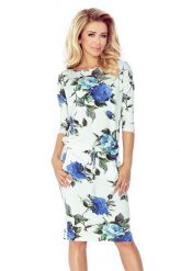 Ecru Sukienka w Duże Chabrowe Kwiaty ściągana w Pasie. Niebieskie sukienki damskie NUMOCO, xs, bez wzorów, z elastanu, bez kołnierzyka, bez ramiączek. Za 189.90 zł.