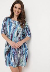Niebieska Tunika w Abstrakcyjny Wzór z Krótkimi Kieszeniami Anbaria. Niebieskie bluzki damskie Born2be, xl, bez wzorów, wakacyjne, bez kołnierzyka, bez ramiączek. Za 29.99 zł.