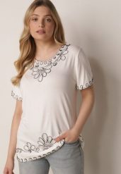 Biała Wiskozowa Bluzka na Krótki Rękaw z Etno Haftem z Metaliczną Nicią Aiopa. Białe bluzki damskie Born2be, l, bez wzorów, z jeansu, biznesowe, bez kołnierzyka, plus size, bez ramiączek. Za 69.99 zł.