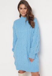 Niebieski Luźny Sweter w Warkoczykowy Splot Sentlia. Niebieskie swetry damskie Born2be, bez wzorów, ze splotem, bez kołnierzyka, bez ramiączek, długie, bez kaptura. Za 189.99 zł.