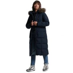 Damski płaszcz ze sztucznego futra Superdry Everest. Niebieskie płaszcze damskie Superdry., s, bez wzorów, z elastanu, długie, z kapturem. Za 827.60 zł.