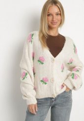 Jasnobeżowy Kardigan Oversize z Domieszką Wełny w Kwiatowy Wzór Nelenea. Brązowe kardigany damskie Born2be, bez wzorów, z jeansu. Za 169.99 zł.