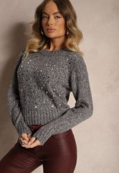 Ciemnoszary Casualowy Sweter z Bawełną i Cekinami Savintha. Szare swetry damskie Renee, z aplikacjami, z bawełny, casualowe, bez kołnierzyka, bez ramiączek, bez kaptura. Za 69.99 zł.