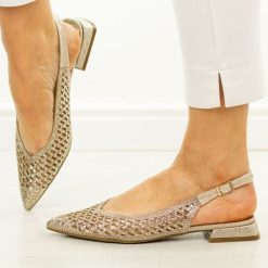 Złote przewiewne baleriny damskie D&A 0105. Żółte baleriny damskie DiA, na lato, w ażurowe wzory, z jeansu, eleganckie, bez obcasa, na obcasie. Za 259.00 zł.