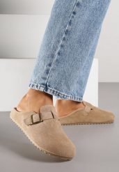 Ciemnobeżowe Klapki Mule z Imitacji Zamszu z Paskiem ze Sprzączką Anavitta. Brązowe klapki damskie Renee, z aplikacjami, z jeansu, boho, bez obcasa, na płaskiej podeszwie. Za 79.99 zł.
