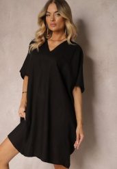 Czarna Pudełkowa Sukienka z Bawełny z Krótkim Rękawem i Trójkątnym Dekoltem Vikana. Czarne sukienki damskie Renee, na imprezę, l, bez wzorów, z bawełny, eleganckie, bez kołnierzyka, plus size, bez ramiączek, midi. Za 59.99 zł.