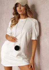 Biała Pudełkowa Sukienka Mini z Saszetką Dalana. Białe sukienki damskie Renee, na spotkanie biznesowe, na lato, bez wzorów, z jeansu, eleganckie, bez kołnierzyka, bez ramiączek, mini. Za 84.99 zł.