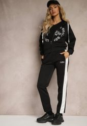Czarny Komplet Dresowy Spodnie Ozdobione Napisami Bluza na Suwak z Kapturem Semiraella. Czarne bluzy damskie Renee, l, bez wzorów, z dresówki, z kapturem. Za 129.99 zł.