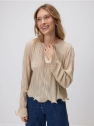 Bluzka w prążki - beżowy. Brązowe bluzki damskie Reserved, l, bez wzorów, z dzianiny, bez kołnierzyka, bez ramiączek. Za 119.99 zł.