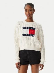 Tommy Jeans Sweter Intarsia Flag Badge DW0DW22317 Kremowy Regular Fit. Białe swetry damskie Tommy Jeans, xs, bez wzorów, z bawełny, bez kołnierzyka, bez ramiączek, bez kaptura. Za 529.99 zł.
