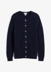 Sweter rozpinany w ludowym stylu, z miękkiej mieszanki bawełny. Niebieskie kardigany męskie bonprix, m, bez wzorów, z bawełny. Za 129.99 zł.