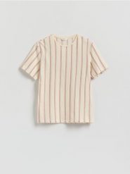 T-shirt regular w paski - brzoskwiniowy. Pomarańczowe t-shirty męskie Reserved, l, bez wzorów, z bawełny, bez kołnierzyka. W wyprzedaży za 45.99 zł.