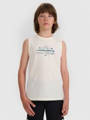 4F Tank top regular z nadrukiem chłopięcy - biały 122 (6-7 lat). Białe t-shirty dla chłopców 4f, bez wzorów, z bawełny, bez ramiączek. W wyprzedaży za 29.99 zł.