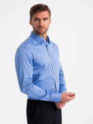 Klasyczna męska koszula SLIM FIT z satynowej tkaniny – niebieska V2 OM-SHOS-0176 - XXL. Niebieskie koszule męskie Ombre Clothing, l, bez wzorów, z bawełny, biznesowe, bez kołnierzyka, bez ramiączek. W wyprzedaży za 119.99 zł.