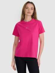4F T-shirt oversize z nadrukiem damski - różowy XS. Czerwone koszulki sportowe damskie 4f, l, bez wzorów, z bawełny, bez kołnierzyka, bez ramiączek. W wyprzedaży za 49.99 zł.