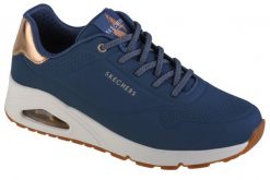 Buty do chodzenia damskie, Skechers Uno-Shimmer Away. Niebieskie obuwie sportowe damskie Skechers, bez wzorów, z materiału, trekkingowe. Za 279.99 zł.