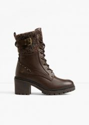 Kozaki sznurowane Mustang. Brązowe kozaki damskie bonprix, bez obcasa, na obcasie. Za 349.99 zł.