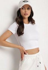 Biały T-shirt z Prążkowanego Materiału o Krótkim Kroju Telunna. Białe bluzki damskie Born2be, l, bez wzorów, z jeansu, eleganckie, bez kołnierzyka. Za 29.99 zł.