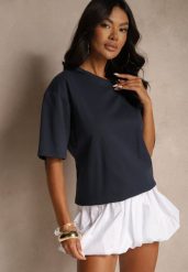 Granatowy Basicowy T-shirt z Bawełny Meranissea. Niebieskie bluzki damskie Renee, bez wzorów, z bawełny, bez kołnierzyka. Za 69.99 zł.